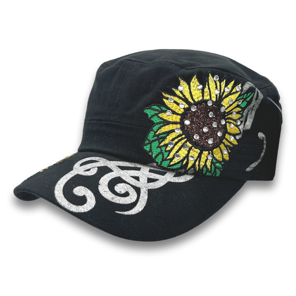 Pit Bull Accessories - Sunflower Graphic Cadet Hat Rhinestone Round Top BDU Baseball Castro Cap